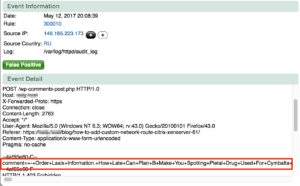 Security system blocked spam comment attempt to a WordPress site