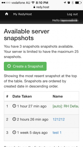 Mobile Screenshot Manage Automated Server Snapshot Policy page
