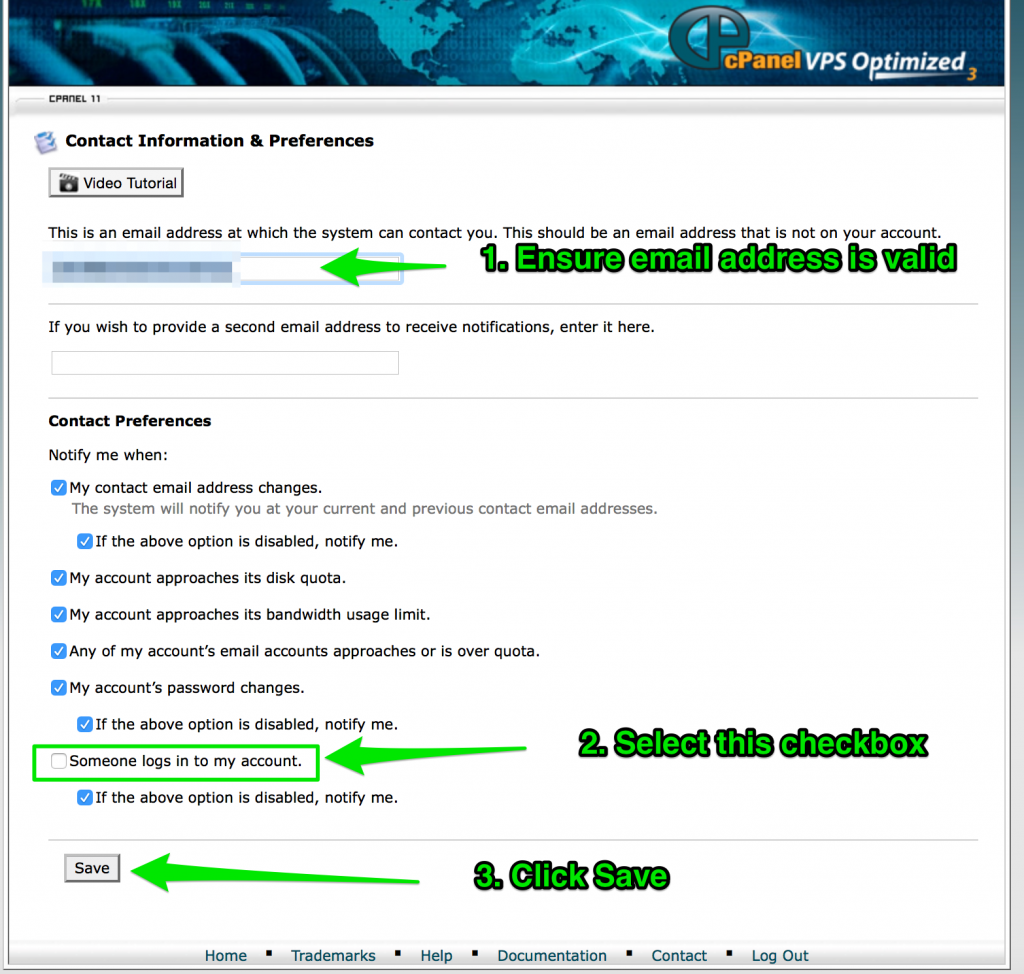 cPanel Contact Information and preferences