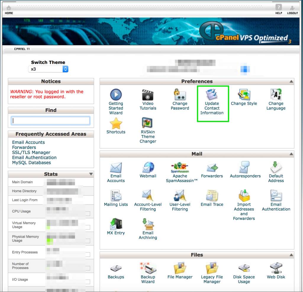 cPanel update contact information