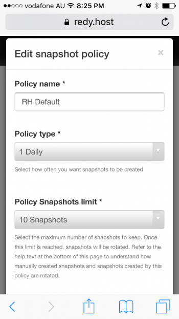 Screenshot: Edit snapshot policy mobile screen