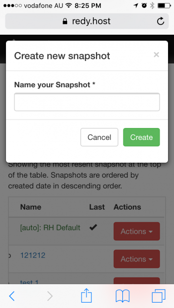 Screenshot: create new server snapshot page for mobile screens