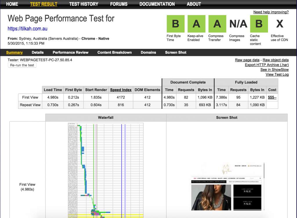 webpagetest used to measure the performance gains